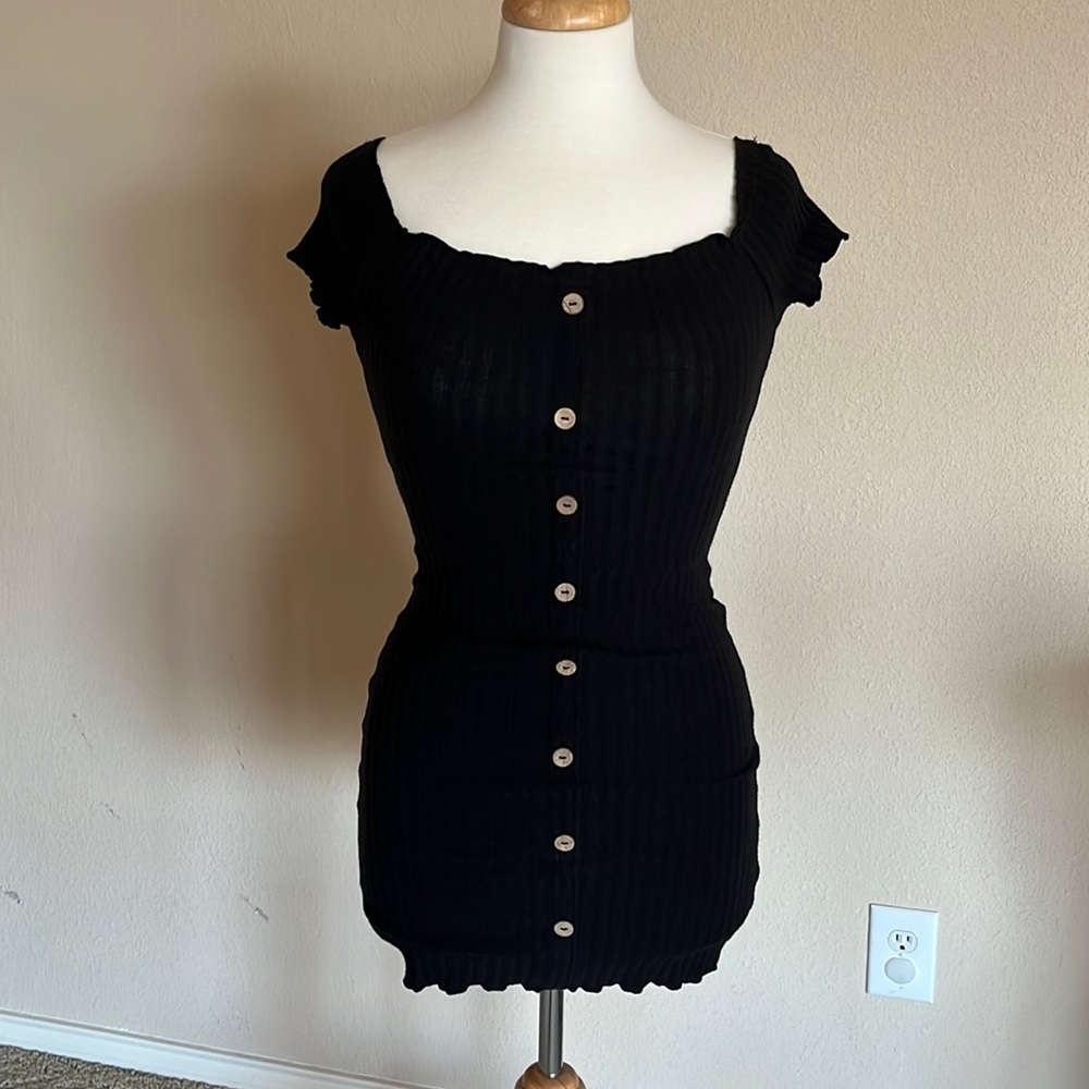 Black Vertically Ribbed Mini Dress with Tan Buttons.